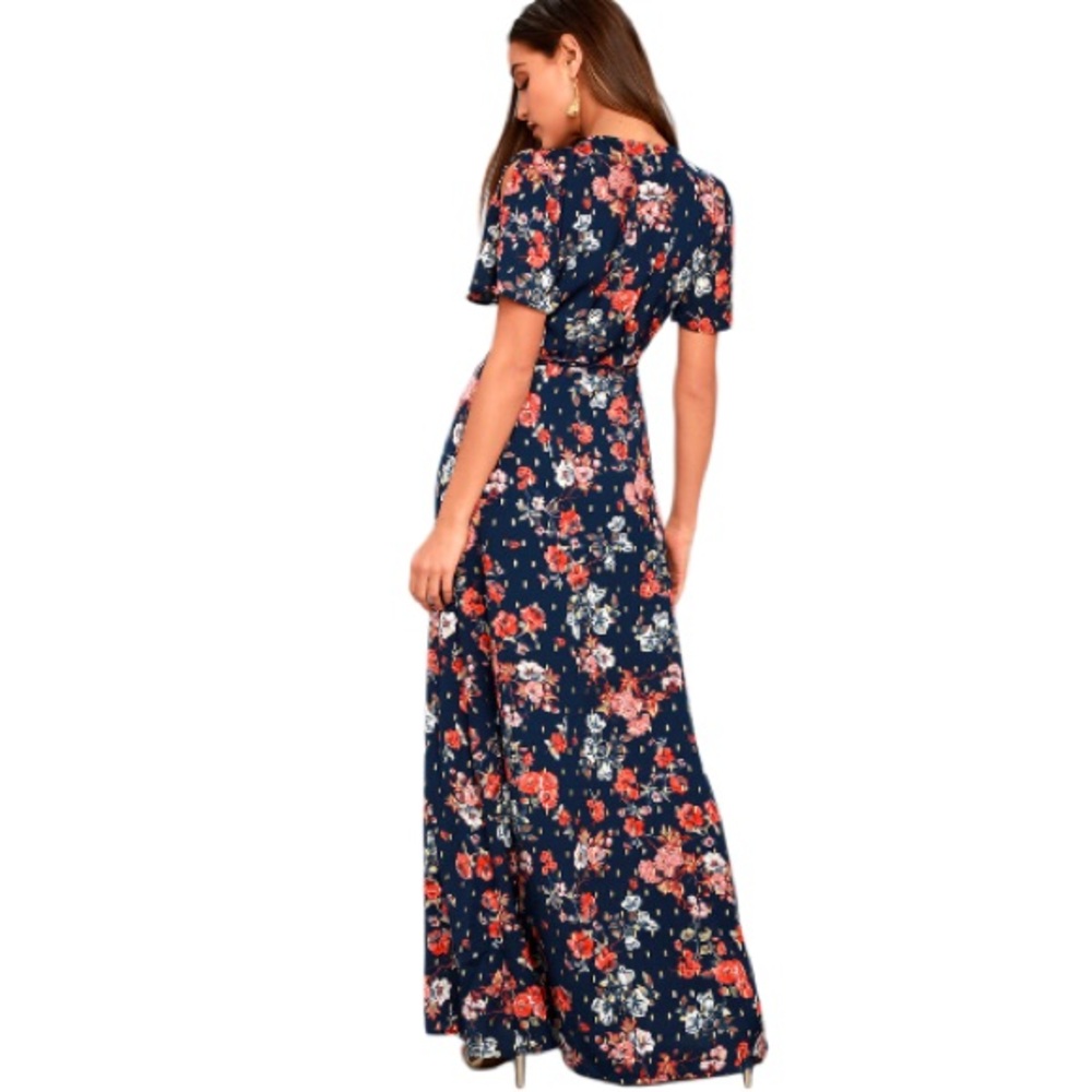 Lulu's Divine Days Navy Blue Floral Flutter Sleeve Wrap Maxi Dress - Picture 6 of 12